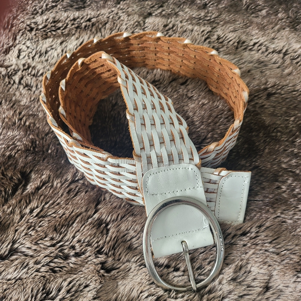 Calvin Klein Leather White and Brown Woven Belt Made in India Size XL